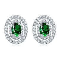 wholesale S925 Sterling Silver Cross-Border New Oval Stud Earrings, European and American Fashion Full Row of Zirconia Diamond Stud Earrings, High-End Wholesale-Emerald【May】>925 Silver