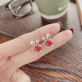 wholesale S925 Sterling Silver Creative Rabbit Ear Cute Inlaid Southern Red Elegant and Delicate Unique Versatile Stud Earrings-0-3