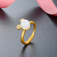wholesale Sterling Silver Zodiac Rat Ring for Women, Micro-Pave Diamond Accents, Adjustable Opening, Creative Faux Hetian Jade Design Opening Ring-Rat Zodiac Ring Adjustable opening