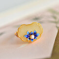 wholesale 925 Silver with Certificate Antique Gold Inlaid Hetian Jade Adjustable Open Ring Cold Enamel Lotus Gemstone Women's Ring-0-5