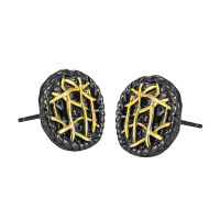 wholesale S925 Sterling Silver 762 Niche Individual Trendy Euro-American Retro Two-Tone Plated Irregular Grid Line Circular Ear Studs-Black + 18K gold [with sterling silver ear plugs]  925 silver