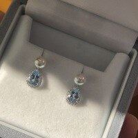 wholesale S925 Sterling Silver French Aquamarine Teardrop Full Diamond Pearl Earrings for Women, Elegant and Gentle Style, Simple Ear Accessories-Platinum 925 silver