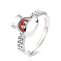 wholesale S925 Sterling Silver Zodiac Year Adorable Rabbit with Red Agate and Coin Inlaid Shield Ring for Women-0-5