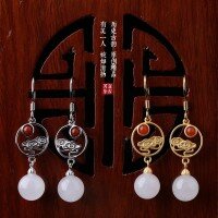 wholesale 925 Silver Xinyi Chinese Light Luxury Palace Retro Style Jade Earrings with Certificate, Featuring Auspicious Clouds, Beads, and Hetian Jade Ear Drops-Gold 8mm Bead Earrings 925 Silver