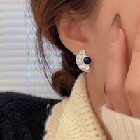 wholesale S925 Sterling Silver Fan-Shaped Black Onyx Stud Earrings Women Korean New Trendy Versatile Geometric Earrings Jewelry-Sterling silver