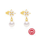 wholesale S925 Sterling Silver Fashionable Petal Diamond and Pearl Earrings, Korean Style Minimalist Studs-0-10