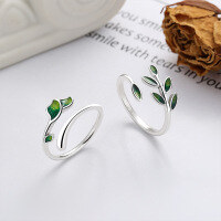 wholesale S925 sterling silver green resin leaf-shaped open ring, fresh and sweet pastoral style women's index finger ring-1025FJ/B model is about 1.9g&gt; the opening is adjustable