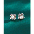wholesale 925 Sterling Silver Floral Pearl Earrings for Women, Minimalist Niche Design with a Luxe Feel, French Retro Shell Pearl Studs-0-3