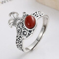 wholesale S925 sterling silver antique craft ethnic Chinese style coin pouch openwork inlaid with southern red agate ring-0-2