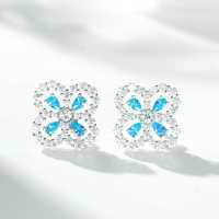 S925 Silver Zirconia Four-Leaf Clover Stud Earrings, High-Carbon Diamond, Ins Style-Blue Diamond - ED001  925 Silver