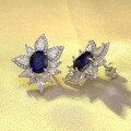 wholesale S925 Sterling Silver New 2ct Oval Blue Sapphire Stud Earrings, Light Luxury Versatile Cross-Border European and American Style-0-1