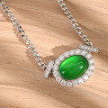 wholesale S925 silver new Chinese-style green chalcedony oval cabochon Cuban chain fashion elegant necklace, new Chinese women's-0-1