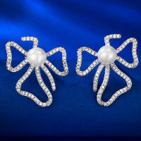 wholesale 925 silver with natural pearl, Floral Bow Earrings for Women by Mu Jing Jewelry, 6mm-E359 Pearl Earrings 925 Silver