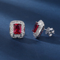 wholesale Metal material first: Cross-border wholesale live broadcast of rectangular synthetic cultured ruby pendant with European and American fashion luxury set high-carbon diamond necklace-earrings