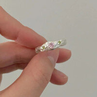 wholesale S925 Sterling Silver Irregular Lava Textured Colorful Heart Inlaid Diamond Ring for Women, Trendy Ins Style Ring-Pink diamond Adjustable opening