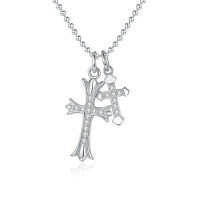 S925 Silver Cross Pendant Moissanite Hip-Hop Bead Chain Necklace Wholesale-Double Cross Necklace (White Gold)  28.5-point Moissanite (1.5mm x 19 stones)