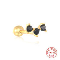 wholesale S925 Sterling Silver Three-Prong Double-Ended Round Diamond Piercing Ear Stud,INS-Single golden black diamond-style 2