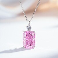 S925 Silver Aquamarine Necklace, 10X14 Emerald Cut Ice Flower Pendant Wholesale-Pink Diamond - XL156  925 Silver