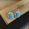 wholesale S925 Sterling Silver Light Luxury Fashion Old Money Style Brushed Process Crystal Diamond Carved Oval Blue Turquoise Ear Studs Earrings for Women-0-2
