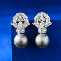 wholesale Metal material, Zhuo Zhifan women's silver earrings artificial synthetic 11mm gray women's stud earrings vintage style TikTok hot sale dropshipping-E489 Grey Bead Earrings 925 Silver