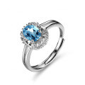 Sterling Silver Natural Blue Topaz Moissanite Ring, 1 Carat Full Diamond Oval Shape-0-3