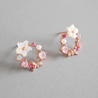 wholesale S925 Sterling Silver Korean-style Versatile Zircon Crystal Shell Flower Earrings Women's Jewelry-Rose color [with rubber earplugs]>925 silver