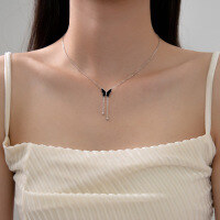 wholesale S925 Sterling Silver Exquisite Black Butterfly Light Bead Tassel Pendant Necklace Women's High-End Sense Collarbone Chain Y00751-S925 Silver Necklace 925 Silver