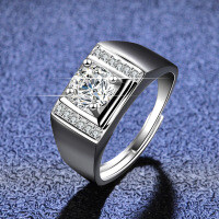925 Sterling Silver Moissanite 1ct Classic Four-Prong Men's Band Ring Live-1 carat (empty setting)  Adjustable opening