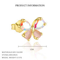 wholesale S925 Sterling Silver French-style Heart-shaped Zircon Earrings with Colorful Diamonds, Sweet and Exquisite Set-E4814-Gold/Single 925 Silver