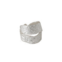 wholesale S925 pure silver 484 Korean-style wide band ring with irregular foil-wrinkle texture, double-layer, open-ended, for women-Silver [No. 15/Adjustable]>Opening adjustable
