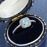 S925 Silver Wholesale Vermeil Blue Aqua Jadeite Square Bag Ring-Inlaid with natural blue jadeite; adjustable opening