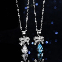 Sterling Silver Natural Blue Topaz Moissanite One-Carat Bow Drop Pendant Necklace-Inlaid with natural blue topaz  925 silver