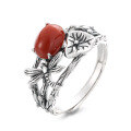 wholesale S925 Sterling Silver Multi-layer Line Nanhong Agate Inlaid Dragonfly Lotus Ring, Artistic Vintage Ethnic Style-0-4