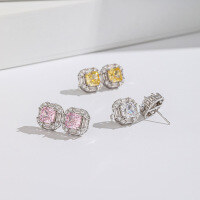 wholesale S925 Sterling Silver Ice-Cut High Carbon Diamond Stud Earrings European and American Style Yellow Diamond Full Diamond Earrings Cross-Border New Accessories-Pink Diamond Earrings 925 Silver
