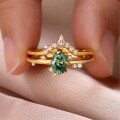 wholesale Golden S925 silver green moissanite stackable ring set with oval center stone and pear-shaped side stones, trendy design-0-2