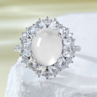 wholesale S925 Sterling Silver, New Zhuozhifan Jewelry Light Luxury Style Hollow Aquamarine 8*10 Ring, New Chinese Style Cabochon Ring-R989 Water Jade Ring Size 8