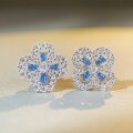 wholesale S925 Sterling Silver Four-Leaf Clover Full Diamond Earrings Women's Blue Aquamarine Blue Diamond HW Earrings-0-3