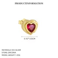 wholesale S925 Sterling Silver with Colorful Zircon Heart Earrings, Dopamine Sweet and Edgy Style, Luxurious and Advanced-YE0214_Red Steel 5_18K Yellow Plated_Single_With Small Flower Ear Cap 925 Silver