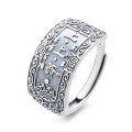 wholesale S925 Sterling Silver Retro Matte Vintage Style Pattern with Auspicious Meaning Trendy Unisex Open Adjustable Ring-0-4