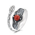 wholesale S925 Sterling Silver Retro Antique Chinese Style Lotus Flower and Leaf Nanhong Inlaid Adjustable Open Ring with Design Appeal-0-4