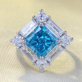 wholesale S925 Silver New 8*8mm Sea Blue Ice-Cut High-Carbon Diamond Trendy Square Ring for Women-0-0