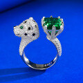 wholesale S925 Silver Ring, Mu Jing Jewelry High Carbon Diamond Leopard Series Simulated Emerald 8*10mm Leopard Ring-0-1