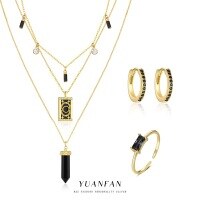 wholesale Sterling Silver S925 Tarot Necklace with Vintage Crystal Pendant, Black Zircon Ring and Earrings Set for Women-Black Gold Set-5-piece Combination Pack 925 Silver