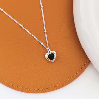 wholesale 925 Sterling Silver Heart Black Agate Necklace Cute Sweet Girly Pendant Collarbone Chain Delicate Luxury Niche Jewelry-Silver 925 silver