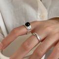 wholesale S925 Sterling Silver Black Onyx Ring for Women, Small and Fashion-Forward, Minimalist Interlocking Geometric Adjustable Open Band-0-1