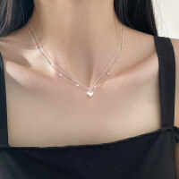 wholesale S925 Silver Fresh and Sweet Ins Style Niche Design Exquisite Double-layer Heart Square Necklace Y0218-S925 Silver Necklace 925 Silver