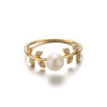 wholesale 925 Silver Gold-Plated Leaf Natural Freshwater Pearl Ring Women's Japanese Style Simple and Elegant New Ring-0-4