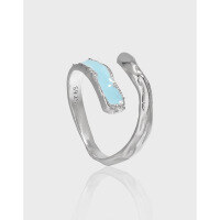 wholesale S925 Sterling Silver 809 Original Niche Design Minimalist Irregular Snake-Textured Blue Drip Glaze Open Adjustable Ring for Women-Platinum [No. 10/Adjustable] Opening adjustable