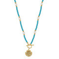 wholesale S925 Sterling Silver Ocean Style Pearl Necklace, Women's Clavicle Chain with Turquoise,OT Clasp, Shell Pendant Inlaid with Zircon-0-0