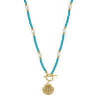 wholesale S925 Sterling Silver Ocean Style Pearl Necklace, Women's Clavicle Chain with Turquoise,OT Clasp, Shell Pendant Inlaid with Zircon-S925 sterling silver + natural freshwater pearls + turquoise + 3A zircon + electroplated 14K gold weighing approximately 7.43g>925 silver